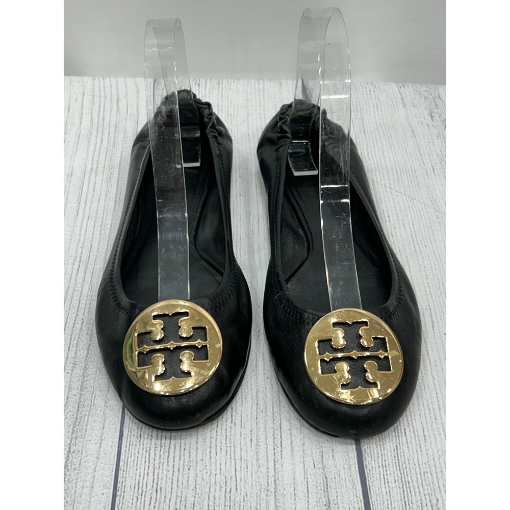 Tory‎ Burch Sz 8? Minnie Flats Black Leather Gold Logo Medallion Ballet Slip On